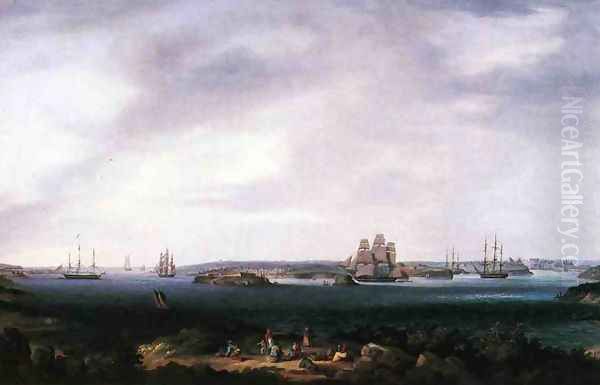 American Warships Anchored at Port Mahon, Spain Oil Painting by Thomas Birch