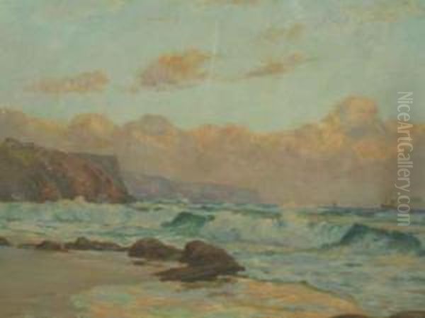 Coastal Landscape With Steamer, Noarlunga Headlands Oil Painting by James Ashton