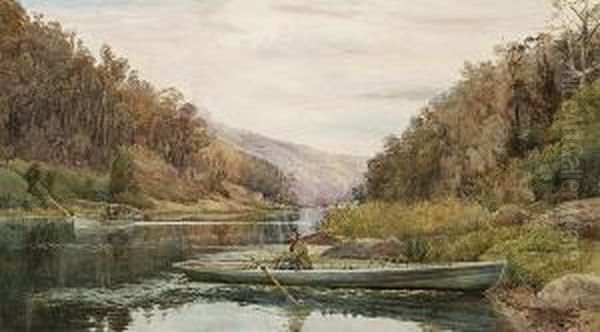 Boatman On The Hawkesbury River, At Cole And Candle Creek, Near Akuna Bay Oil Painting by Julian Rossi Ashton