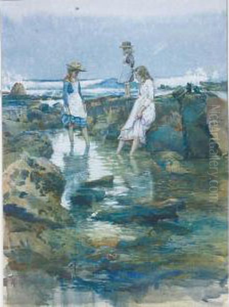 Girls Wading In The Rock Pools Oil Painting by Julian Rossi Ashton