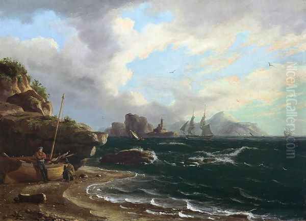 Figures with Docked Boat at Shoreline Oil Painting by Thomas Birch