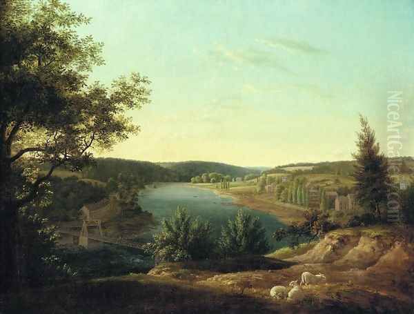 View of the Chain Bridge and Falls of Schuykill, Five Miles from Philadelphia Oil Painting by Thomas Birch