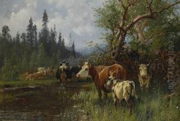 Sommarlandskap Med Boskap Oil Painting by Anders Monsen Askevold