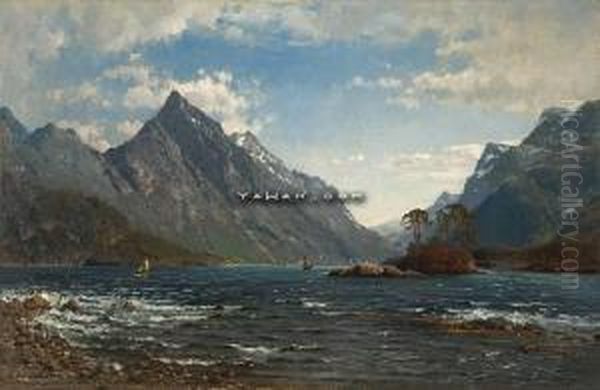 Slogen Og Smorskredtind Sett Fra Saebo I Hjorundfjorden Oil Painting by Anders Monsen Askevold