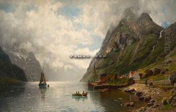 Fiskermiljo Pa Vestlandet Oil Painting by Anders Monsen Askevold