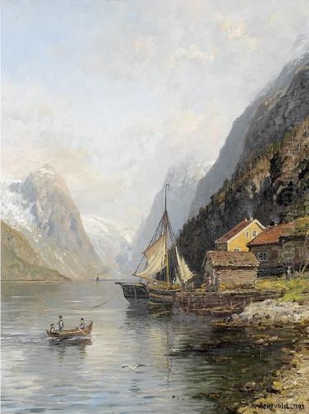 Fjordlandschaft Mit Bootsanlegestelle Und Figurenstaffage Oil Painting by Anders Monsen Askevold