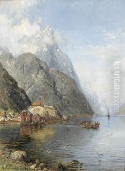 Fjordlandschaft Mit Holzhauschen Oil Painting by Anders Monsen Askevold