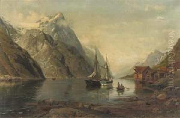 Anchored Sailing-vessels In A Fjord Oil Painting by Anders Monsen Askevold