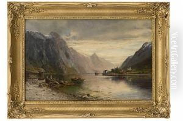 Fjord On The Westcoast With People 1891 Oil Painting by Anders Monsen Askevold