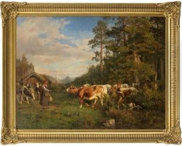 At The Mountainfarm Oil Painting by Anders Monsen Askevold