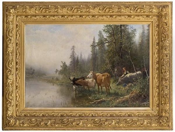 Norwegian Forestlandscape With Cows 1889 Oil Painting by Anders Monsen Askevold