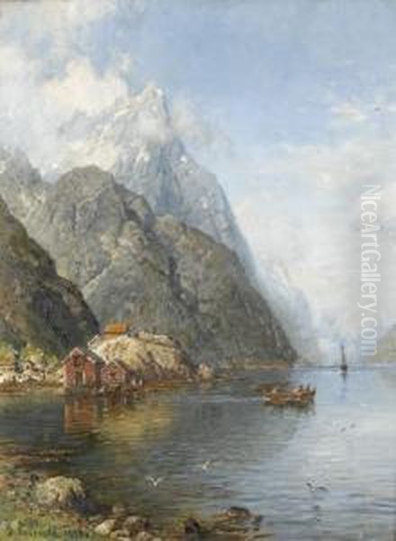 Fjordlandschaft Mit Holzhauschen. Oil Painting by Anders Monsen Askevold