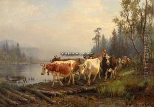 Budeie Og Kyr Ved Vann Oil Painting by Anders Monsen Askevold