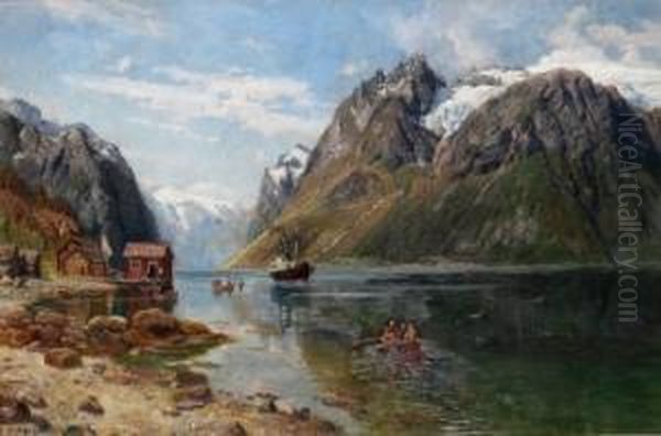 Dampbat Og Robater I Fjordlandskap 1898 Oil Painting by Anders Monsen Askevold