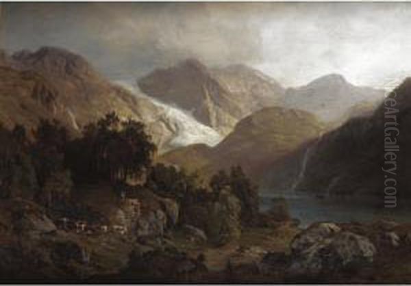 Figures And Cattle In A Mountainous Landscape Oil Painting by Anders Monsen Askevold