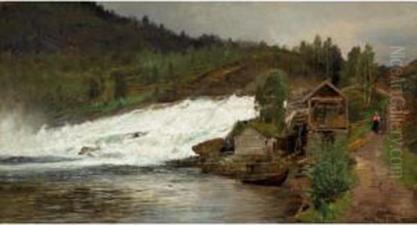 Foss Ved Osen (waterfall At Osen) Oil Painting by Anders Monsen Askevold