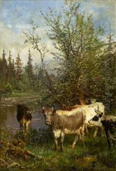 Ved Tjernet Oil Painting by Anders Monsen Askevold