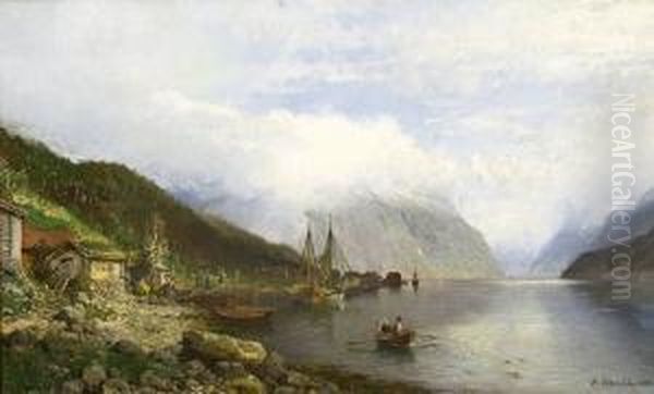 Fjordlandskap Med Brygge Og Bater 1888 Oil Painting by Anders Monsen Askevold