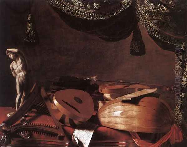 Still Life With Musical Instruments And A Small Classical Statue 1645 Oil Painting by Evaristo Baschenis