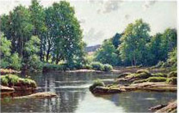 River Landscape, Signed And Dated 1906, Oil On Canvas, 30 X 46 Cm.; 11 3/4 X 18 In Oil Painting by Reginald Aspinwall