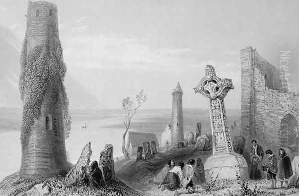 The Ancient Cross and Round Tower at Clonmacnois, County Offaly, Ireland, from 'Scenery and Antiquities of Ireland' Oil Painting by William Henry Bartlett