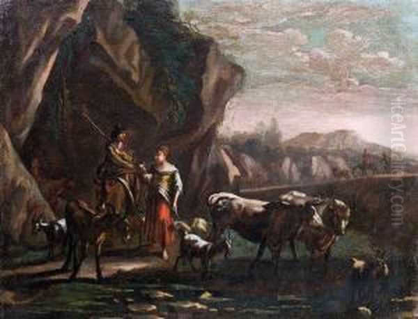 Hirtenpaar Mit Ihrem Vieh Vor Einer Felsgrotte An Einer Quelle Oil Painting by Jan Asselyn