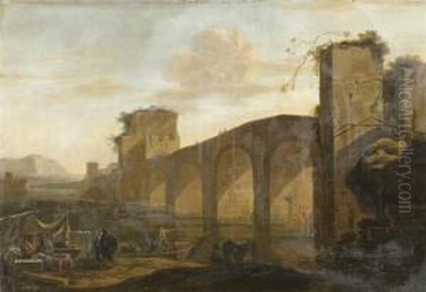 Landscape With Tiber And The Ponte Molle And A Market In Foreground Oil Painting by Jan Asselyn