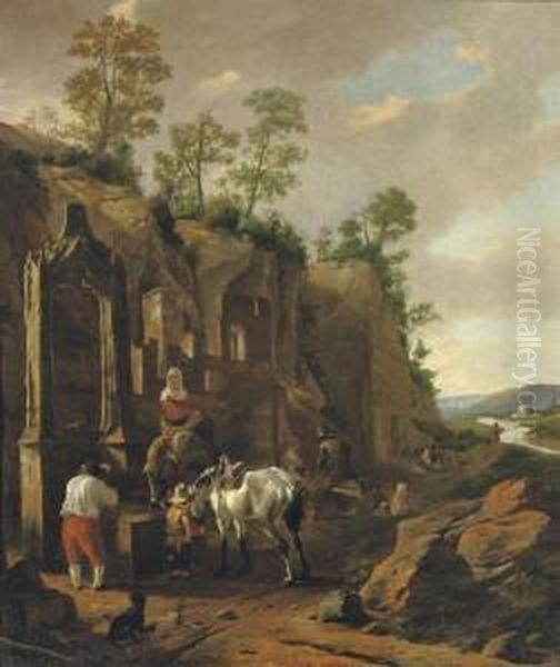 An Italianate Landscape With Peasants By A Well Near Ruins Oil Painting by Jan Asselyn