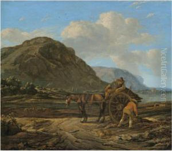 A Landscape With A Horse And 
Cart And Two Farmers In The Foreground With Kelp Gatherers On The Shore 
Beyond Oil Painting by Jan Asselyn