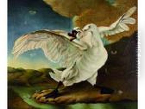 Le Cygne Menace Defend La Hollande. Oil Painting by Jan Asselyn