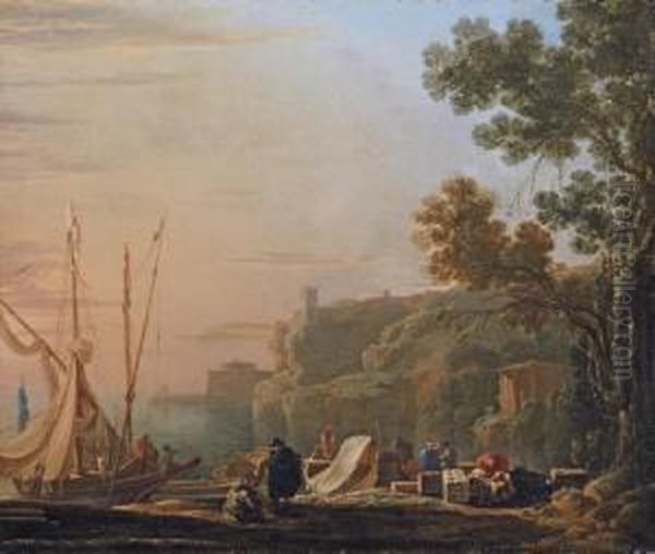 A Mediterranean Coastal Inlet With Merchants Unloading Boats, A Temple Beyond Oil Painting by Jan Asselyn