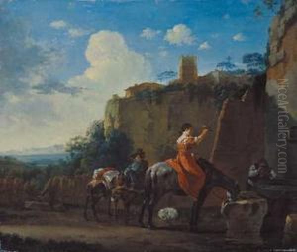 Landschaft Mit Bauern Bei Der Tranke. Oil Painting by Jan Asselyn