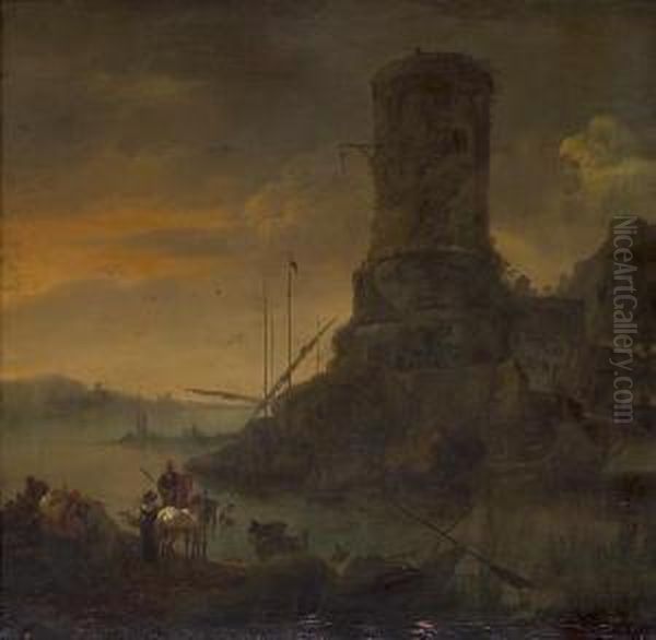 A Mediterranean Capriccio With A Grey Horse And Figures In The Foreground Oil Painting by Jan Asselyn