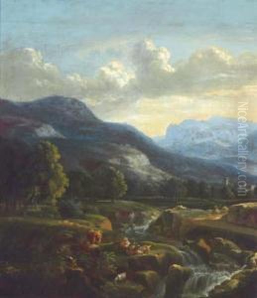 A Wooded River Landscape With Figures By A Waterfall Oil Painting by Jan Asselyn