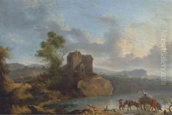 A Landscape With Travellers Crossing A Ford, A House Beyond Oil Painting by Jan Asselyn