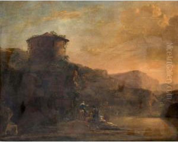 An Italianate Landscape With Travellers And A Cattle Crossing A River At Sunset Oil Painting by Jan Asselyn