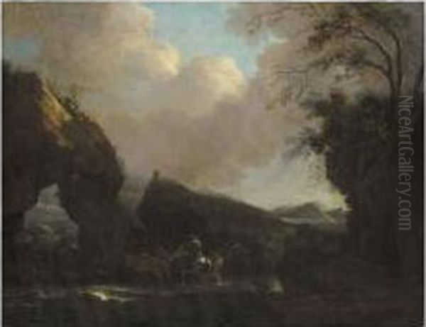 A Southern Landscape With Drovers And Animals Crossing A Stream Near A Rocky Arch Oil Painting by Jan Asselyn