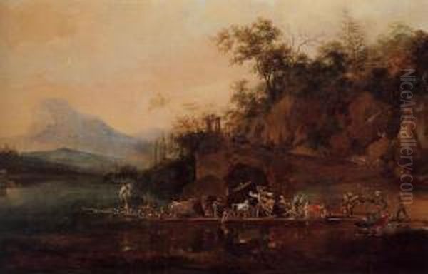 River Landscape With A Ferry Being Punted Across A River Oil Painting by Jan Asselyn