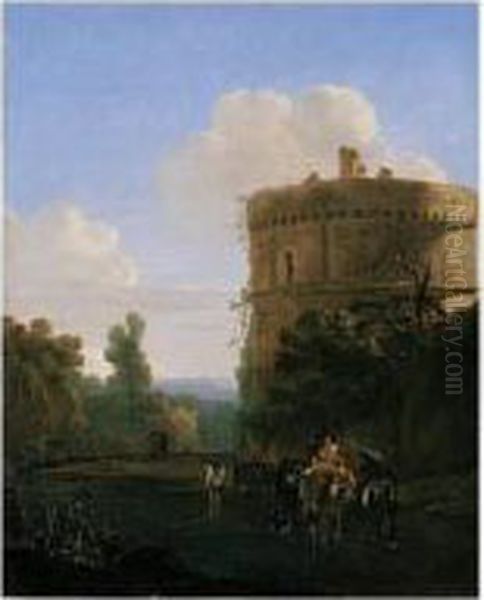 An Italianate Landscape With Travellers Fording A River Oil Painting by Jan Asselyn