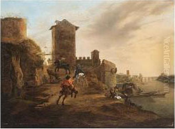 An Italianate Landscape With Horseriders Entering The Oil Painting by Jan Asselyn