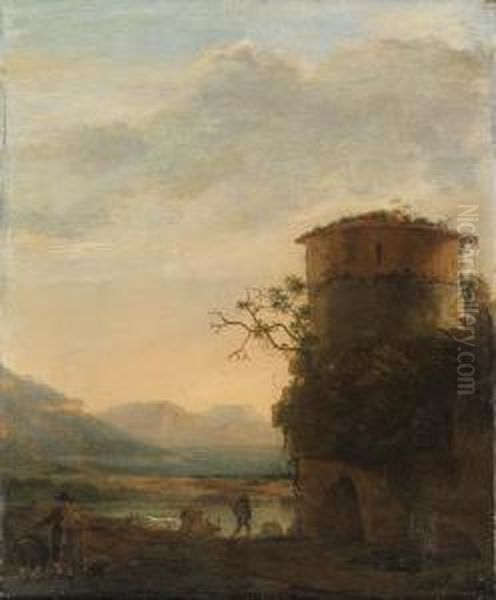 Peasants And Cattle Beside A Tower In An Extensive Landscape Oil Painting by Jan Asselyn