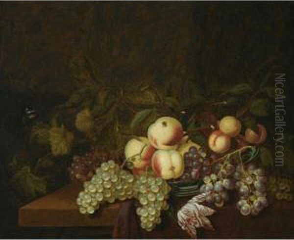 Still Life Of Peaches And Grapes
 In A Wan-li Porcelain Bowl, Together With A Butterfly, All Arranged On A
 Table Partly Draped With A Red Cloth Oil Painting by Bartholomeus Assteyn