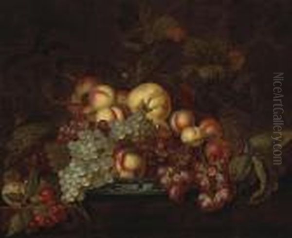 A Still Life With Grapes, 
Peaches And Other Fruit In A Porcelain Dish On A Partially-draped Table Oil Painting by Bartholomeus Assteyn