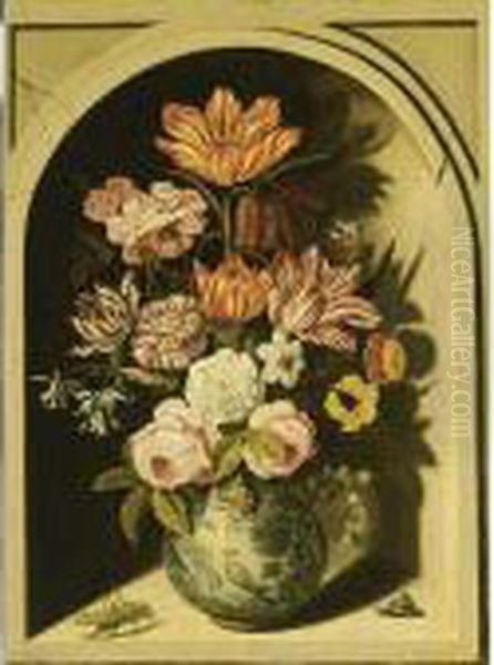 A Still Life With Roses, Tulips,
 Carnations, Lily-of-the-valley, Marigolds, Forget-me-nots, Columbine, A
 Snake's Head Fritillary And Other Flowers In A Decorated Blue Porcelain
 Vase, Together With A Red Admiral, A Grasshopper And A Snail, All In A 
 Oil Painting by Bartholomeus Assteyn