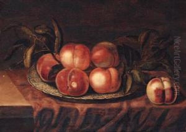 Peaches On A Porcelain Dish, On A Partially Draped Ledge Oil Painting by Bartholomeus Assteyn