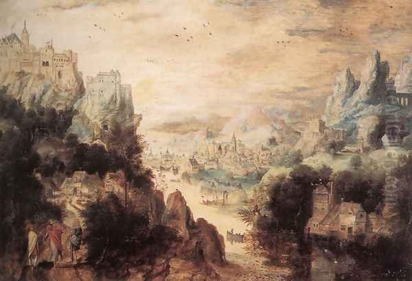 Landscape with Christ and the Men of Emmaus Oil Painting by Herri met de Bles