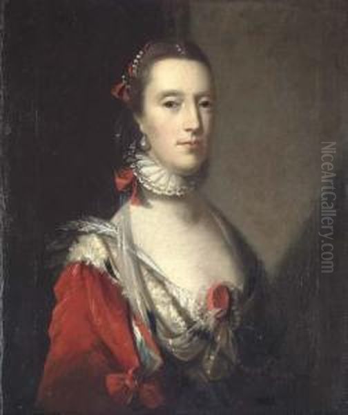 Portrait Of A Lady, Bust-length,
 In An Elaborate Red Dress With Ermine Trim, With A White Lace Ruff, And
 Pearls In Her Hair Oil Painting by John Astley