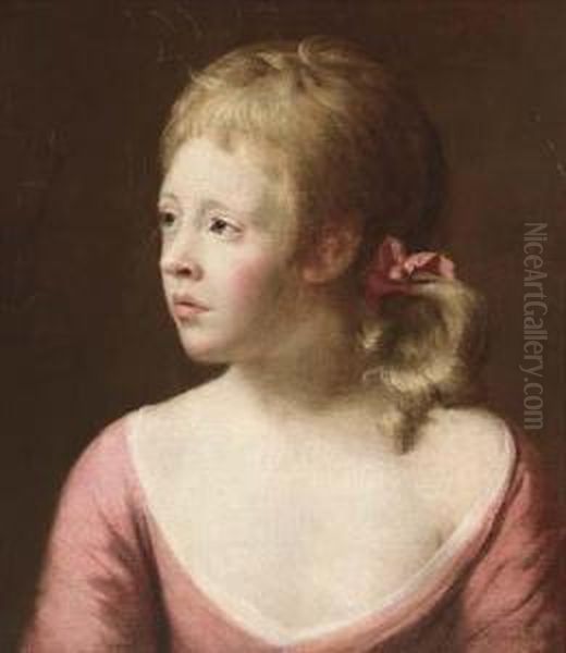 Portrait Of A Girl, Bust-length, In A Pink Dress With A Ribbon In Her Hair Oil Painting by John Astley