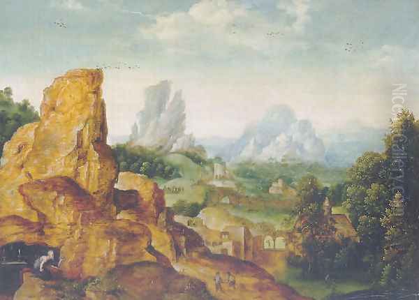 The penitent Saint Jerome in a grotto in a mountainous landscape Oil Painting by Herri met de Bles