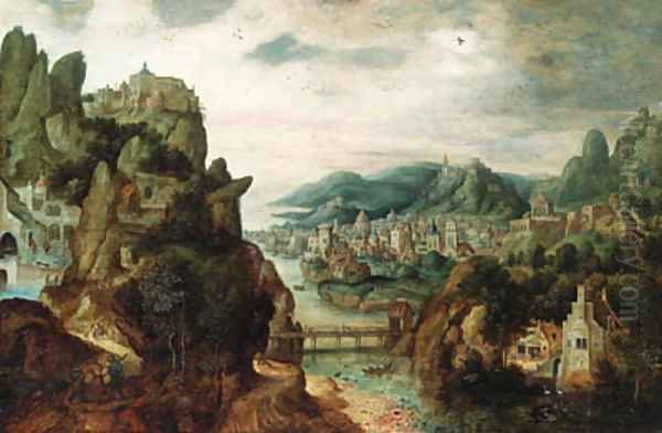 A panoramic mountain landscape, with an extensive town by a river, Christ with Cleopas and Peter on the Way to Emmaus in the foreground, and the subse Oil Painting by Herri met de Bles